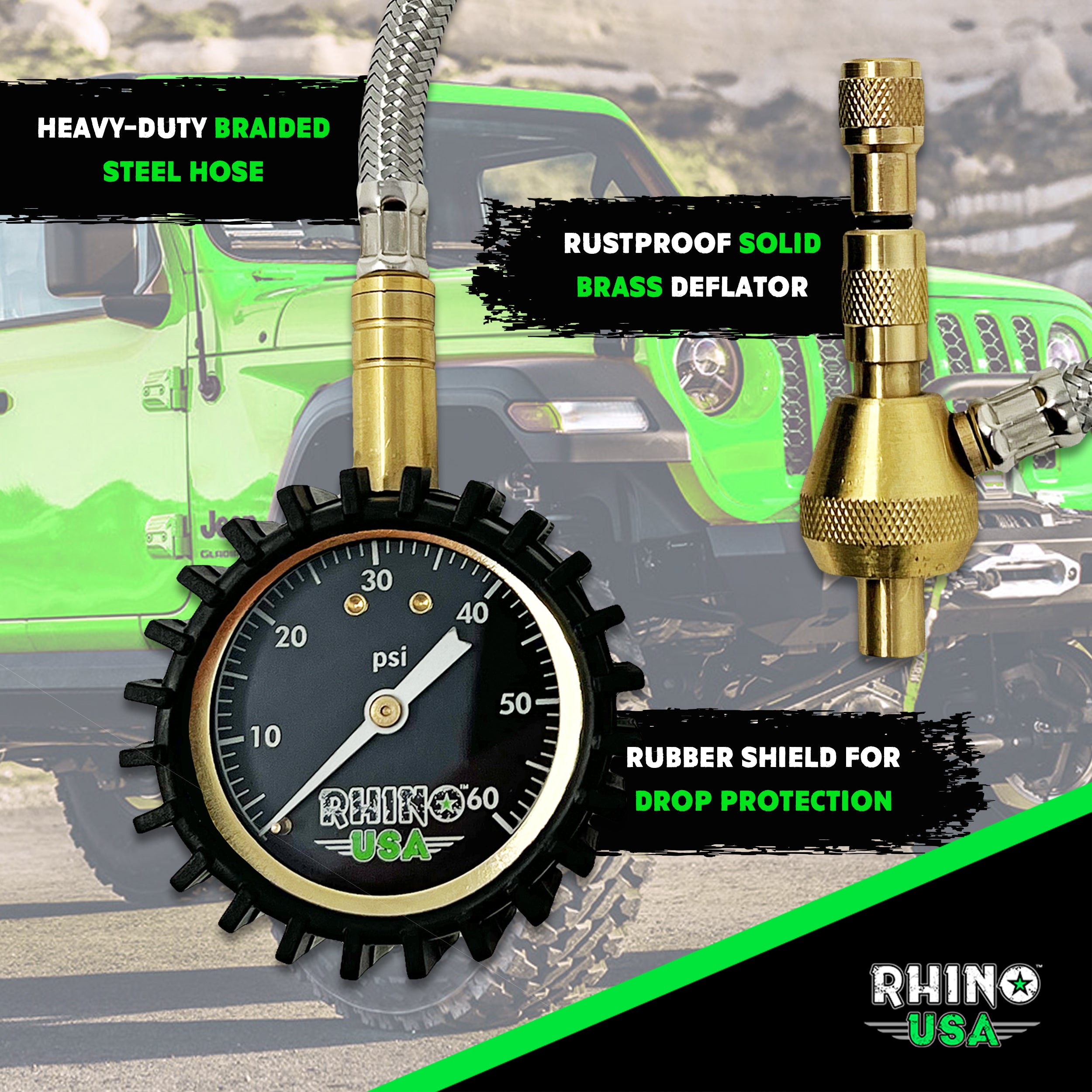 60PSI Tire Deflator Gauge Tire Pressure Gauges Rhino USA 