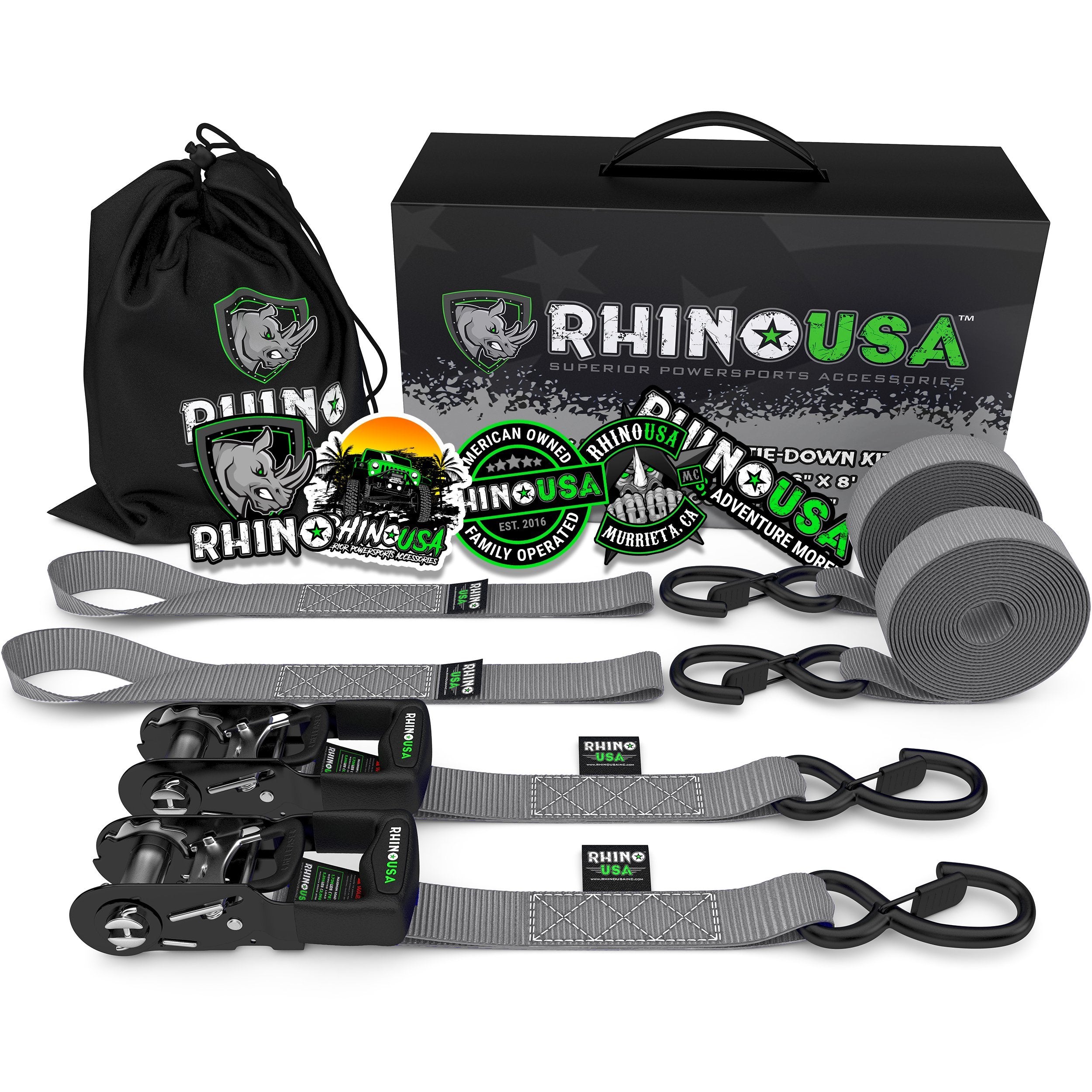 1.6" x 8' HD Ratchet Tie-Down Set (2-Pack) Tie-Down Straps Rhino USA, Inc. Gray 