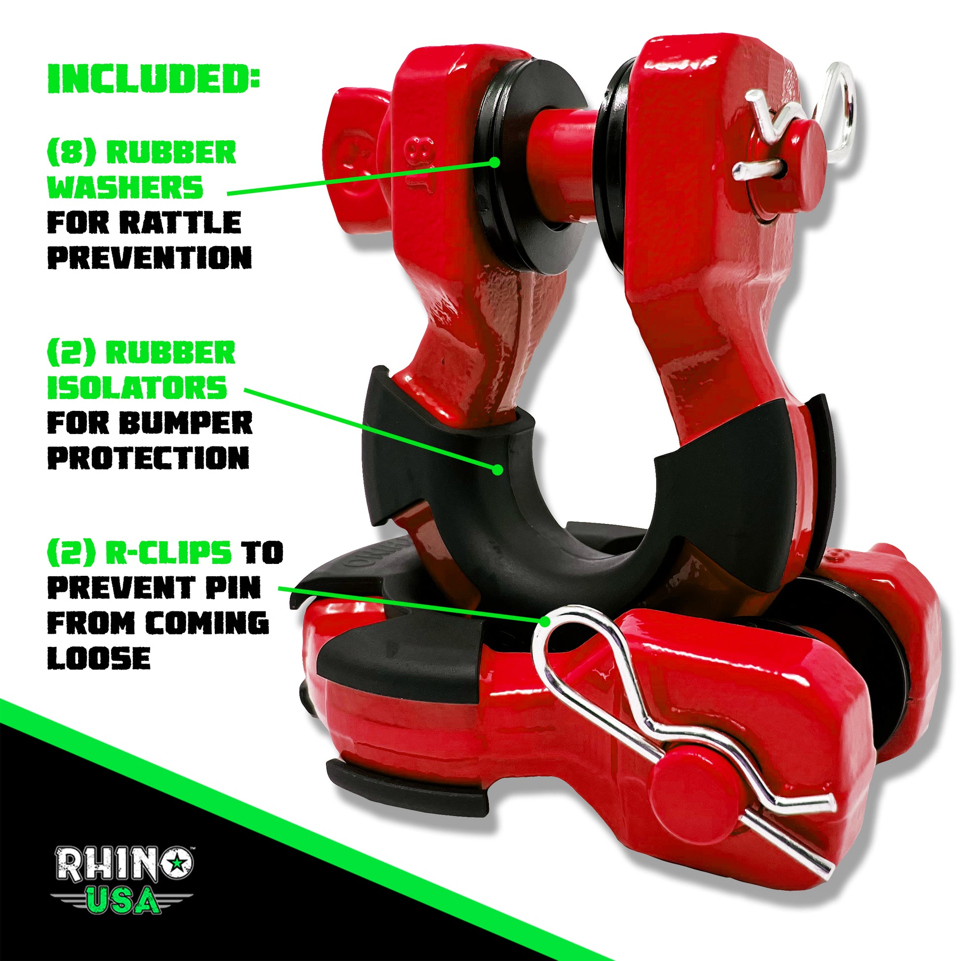 Rhino USA 8 Ton Super Shackles w/ Isolators Red